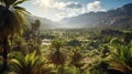 valley with palm trees in the foreground. Generative Ai