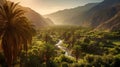 valley with palm trees in the foreground. Generative Ai