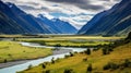 A valley with a peaceful river meandering through it Royalty Free Stock Photo
