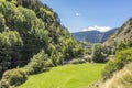 Valley with slopes of mountains plagued by pine forests. Pyrenees Andorra Europe