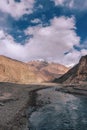 Indus Flow: Majestic Serenity of Ladakh\'s Barren Valley with Snowcapped Peaks and Tranquil Waters