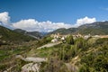 Valley of Veral river in Spanish Pyrenees in Aragon region.  Binies village with the castle and San Salvador church is at right Royalty Free Stock Photo