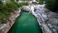 The valley of the Verzasca river with clear water. Lavertezzo, Switzerland.