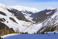 Valley with village in Austrian Alps winter. Hintertux mountain landscape at Tirol, Top of Europe Royalty Free Stock Photo
