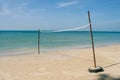 Valleyball net on the beach with beautiful seasacpe view and blue sky in the background at Chao Lao Beach, Chanthaburi Province.