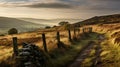 Misty Morning: Serene Rural Landscape With Stone Fence On English Moors Royalty Free Stock Photo