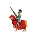 Valorous knight riding horse with lance in hand. Royal guardian in shiny armor. Medieval sports tournament. Flat vector