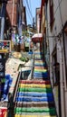 VALPARAISO, CHILE - January 2020: Colourful murals decorating the walls and stairs of Valparaiso in Chile