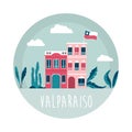 Valparaiso city vector illustration with traditional buildings and palm leaves