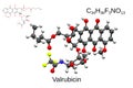 Chemical formula, structural formula and 3D ball-and-stick model of the anticancer drug valrubicin, white background