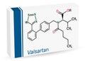 Valsartan molecule. It is used to treat high blood pressure, heart failure. Paper packaging for drugs