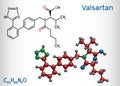 Valsartan molecule. It is used to treat high blood pressure, heart failure. Skeletal chemical formula