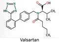 Valsartan molecule. It is used to treat high blood pressure, heart failure. Skeletal chemical formula