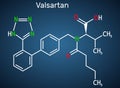 Valsartan molecule. It is used to treat high blood pressure, heart failure. Structural chemical formula on the dark blue