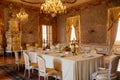 Valtice, Southern Moravia, Czech Republic, 04 July 2021: castle interior with baroque furniture, dining room with marble walls,