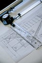 The value of handmade work of the past. A technical drawing of a project made entirely by hand on an old table-top desk, ingenuity