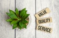 value quality service words wooden blocks and green plant Royalty Free Stock Photo