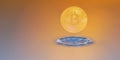valueable bitcoin with orange background and a impact from a drop