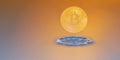 valueable bitcoin with orange background and a impact from a drop