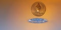 valueable ethertcoin with orange background and a impact from a drop