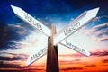 Values, vision, mission, behaviours concept - signpost with four arrows Royalty Free Stock Photo