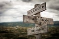 Values, vision, mission vintage wooden signpost in nature.