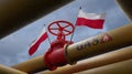 Valve on the main gas pipeline Poland, Pipeline with flags Poland, Pipes of gas to Poland, import of gas to Poland, 3D work and 3D