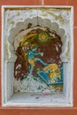 Vamanavtar or Dwarf fifth incarnation of Lord Vishnu colourfully painted on wall of Vishnu Narayan temple at top of Parvati ; Pun