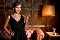 Vamp lady with red lips in restaurant Royalty Free Stock Photo