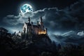 vampire Castle with a landscape of trees, foggy, in the night. by Generative AI