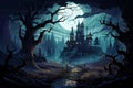 vampire Castle with a landscape of trees, foggy, in the night. by Generative AI