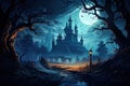 vampire Castle with a landscape of trees, foggy, in the night. by Generative AI