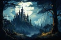 vampire Castle with a landscape of trees, foggy, in the night. by Generative AI