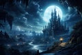vampire Castle with a landscape of trees, foggy, in the night. by Generative AI Royalty Free Stock Photo