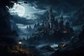 vampire Castle with a landscape of trees, foggy, in the night. by Generative AI Royalty Free Stock Photo