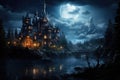 vampire Castle with a landscape of trees, foggy, in the night. by Generative AI Royalty Free Stock Photo