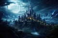 vampire Castle with a landscape of trees, foggy, in the night. by Generative AI Royalty Free Stock Photo