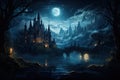 vampire Castle with a landscape of trees, foggy, in the night. by Generative AI