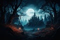 vampire Castle with a landscape of trees, foggy, in the night. by Generative AI