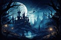 vampire Castle with a landscape of trees, foggy, in the night. by Generative AI