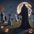 Vampire in the cemetery with a view of the full moon. Bats and graves. Gravestones Royalty Free Stock Photo