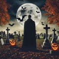 Vampire in the cemetery with a view of the full moon. Bats and graves. Gravestones Royalty Free Stock Photo