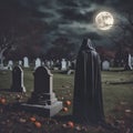 Vampire in the cemetery with a view of the full moon. Bats and graves. Gravestones Royalty Free Stock Photo