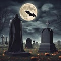 Vampire in the cemetery with a view of the full moon. Bats and graves. Gravestones Royalty Free Stock Photo