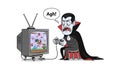 Vampire character playing game on old television with aghast expression Royalty Free Stock Photo