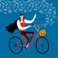 Vampire on city bicycle with pumpkin