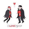 Vampire cute couple in love with heart vector illustration (greeting card)
