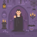 Vampire in a dark crypt with skulls and bats. Trick or treat