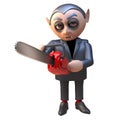 Vampire dracula 3d Halloween character tries out his new blood red chainsaw, 3d illustration