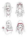 Vampire girl. Woman with fangs and blood. Collection stylish portrait halloween character. Hand drawn contour vector